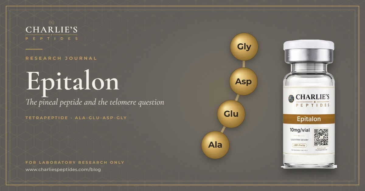 Research journal cover for Epitalon, with its four amino acids, alanine, glutamic acid, aspartic acid and glycine, drawn as gold beads
