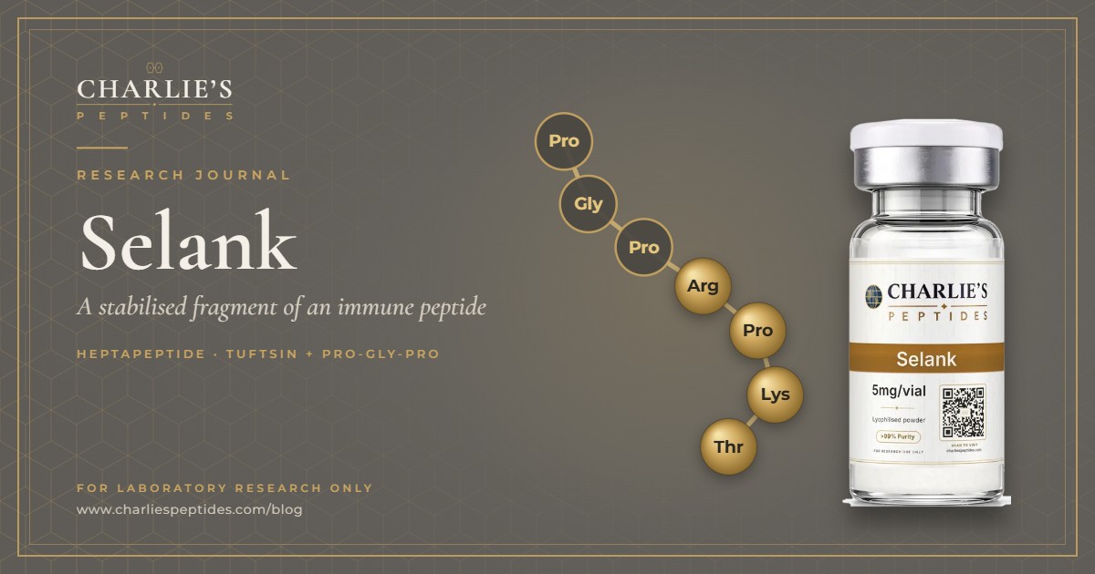 Research journal cover for Selank, with its seven amino acids, threonine, lysine, proline, arginine, proline, glycine and proline, drawn as gold beads