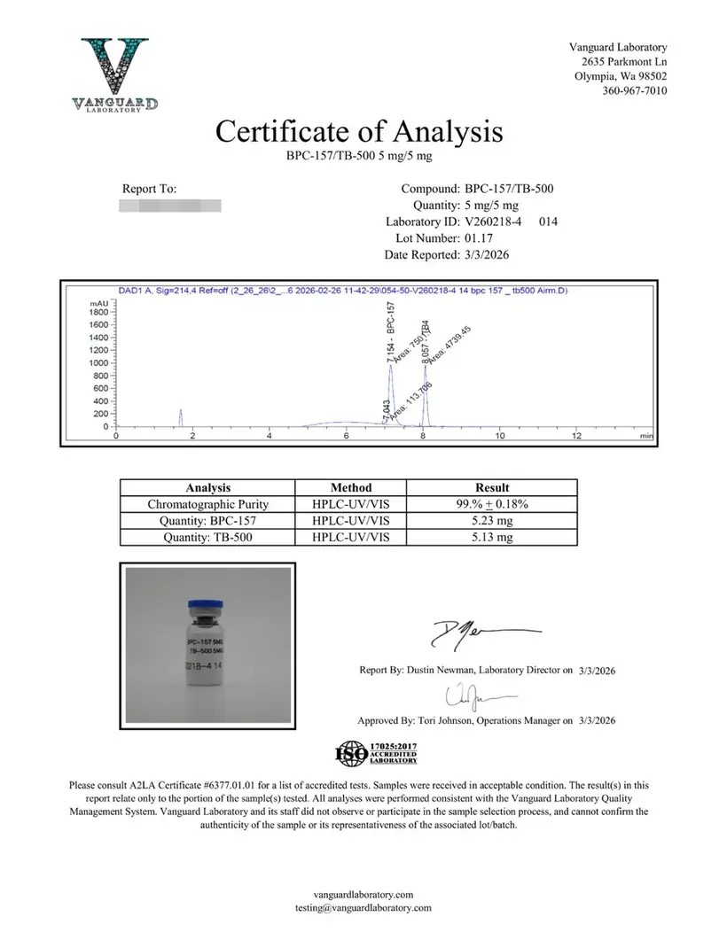 Certificate of analysis for BPC-157 / TB-500 5mg/5mg, lot 01.17