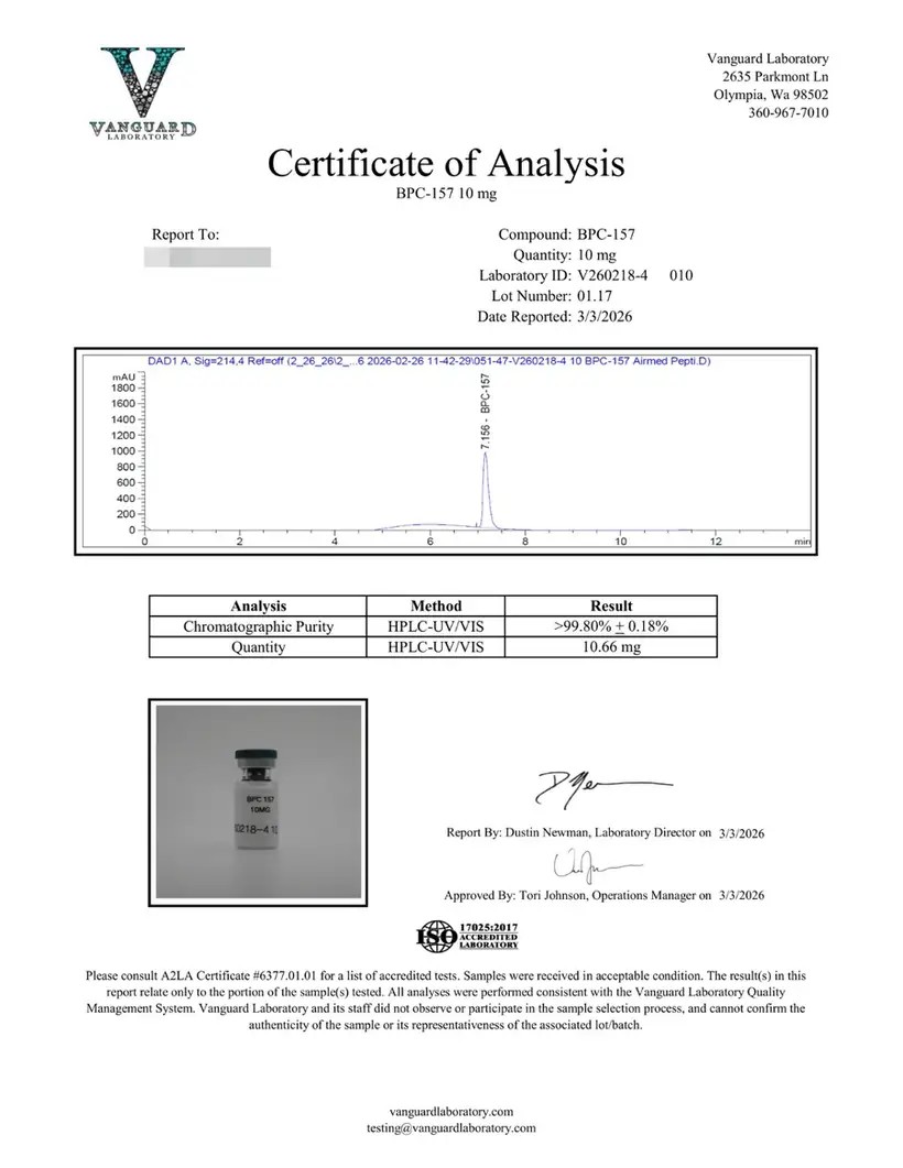 Certificate of analysis for BPC-157 10mg, lot 01.17