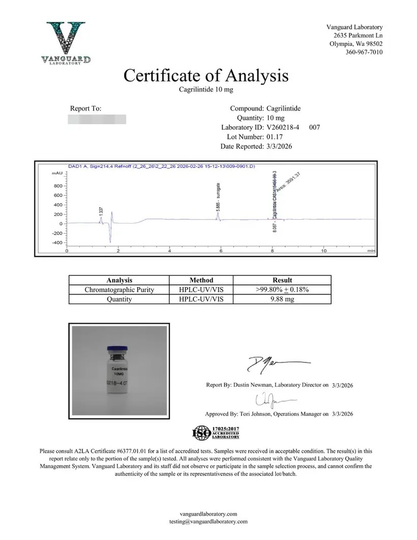 Certificate of analysis for Cagrilintide 10mg, lot 01.17