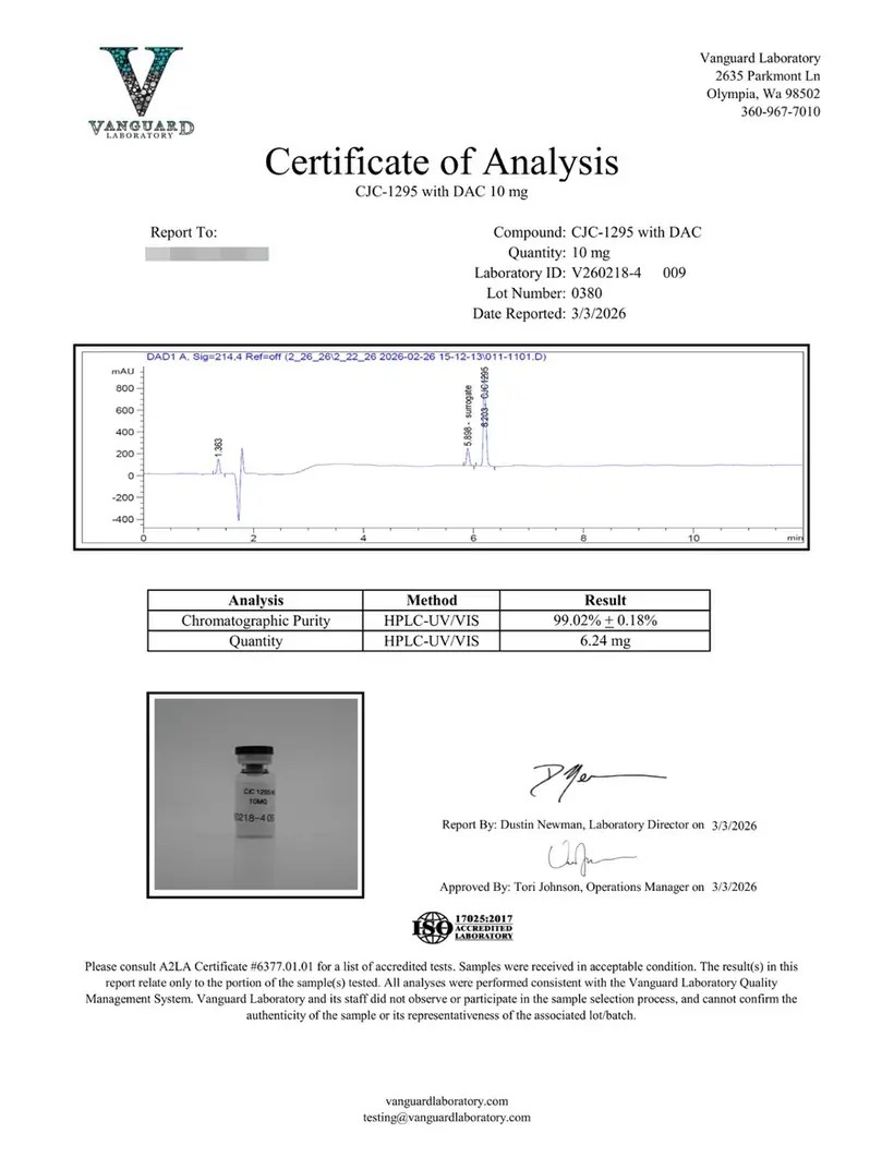 Certificate of analysis for CJC-1295 with DAC 10mg, lot 0380