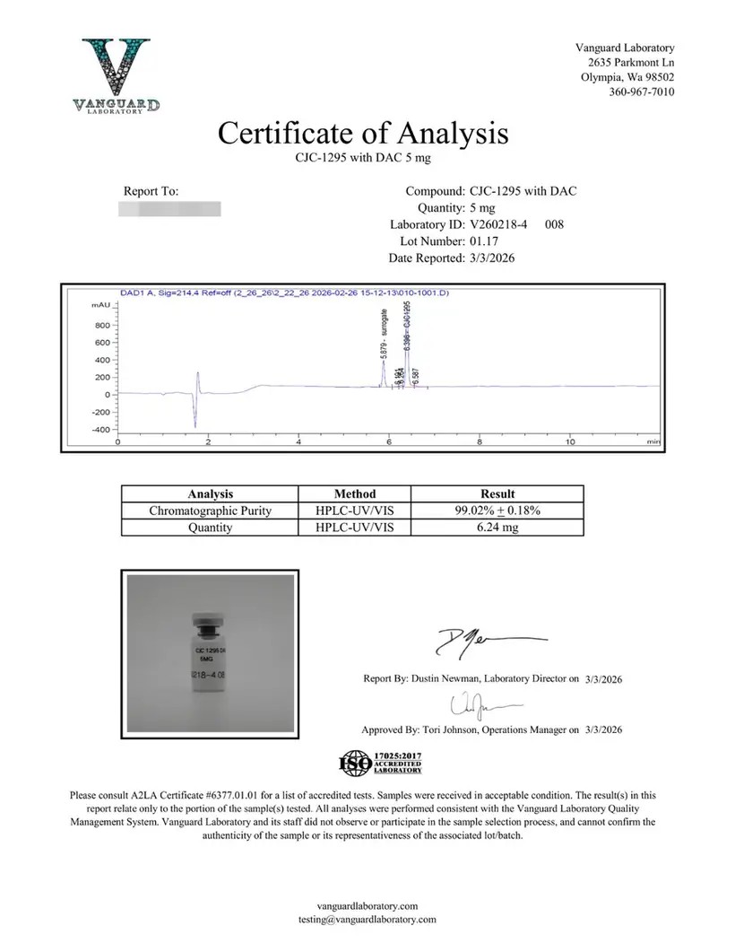 Certificate of analysis for CJC-1295 with DAC 5mg, lot 01.17