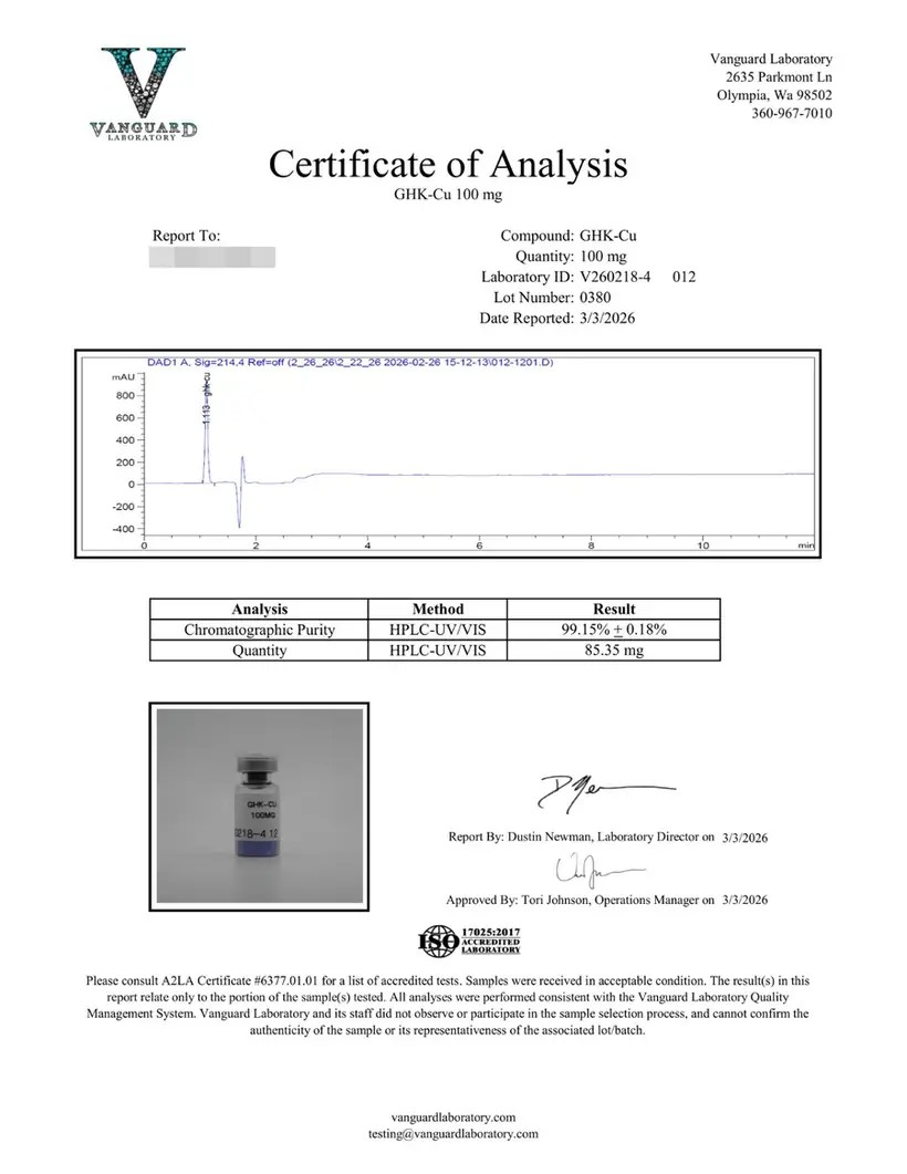 Certificate of analysis for GHK-Cu 100mg, lot 0380
