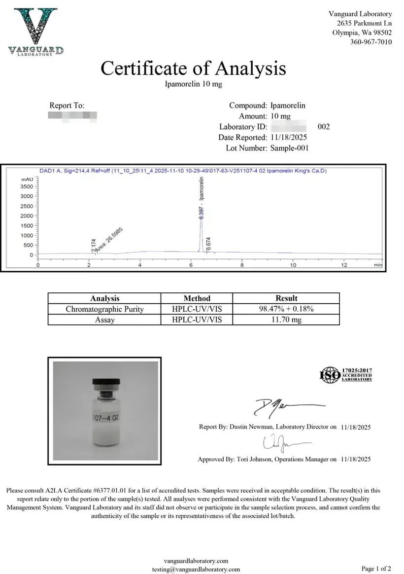 Certificate of analysis for Ipamorelin 10mg, lot Sample-001