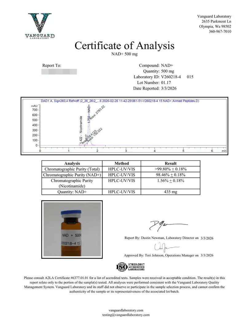 Certificate of analysis for NAD+ 500mg, lot 01.17