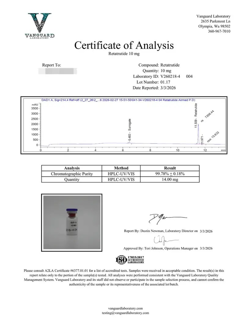 Certificate of analysis for Retatrutide 10mg, lot 01.17