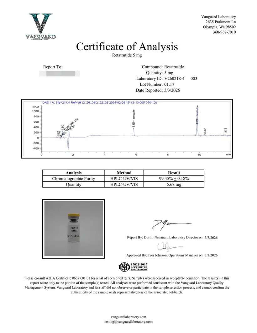 Certificate of analysis for Retatrutide 5mg, lot 01.17