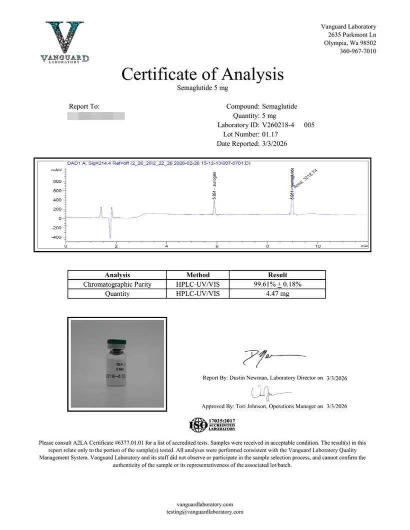 Certificate of analysis for Semaglutide 5mg, lot 01.17