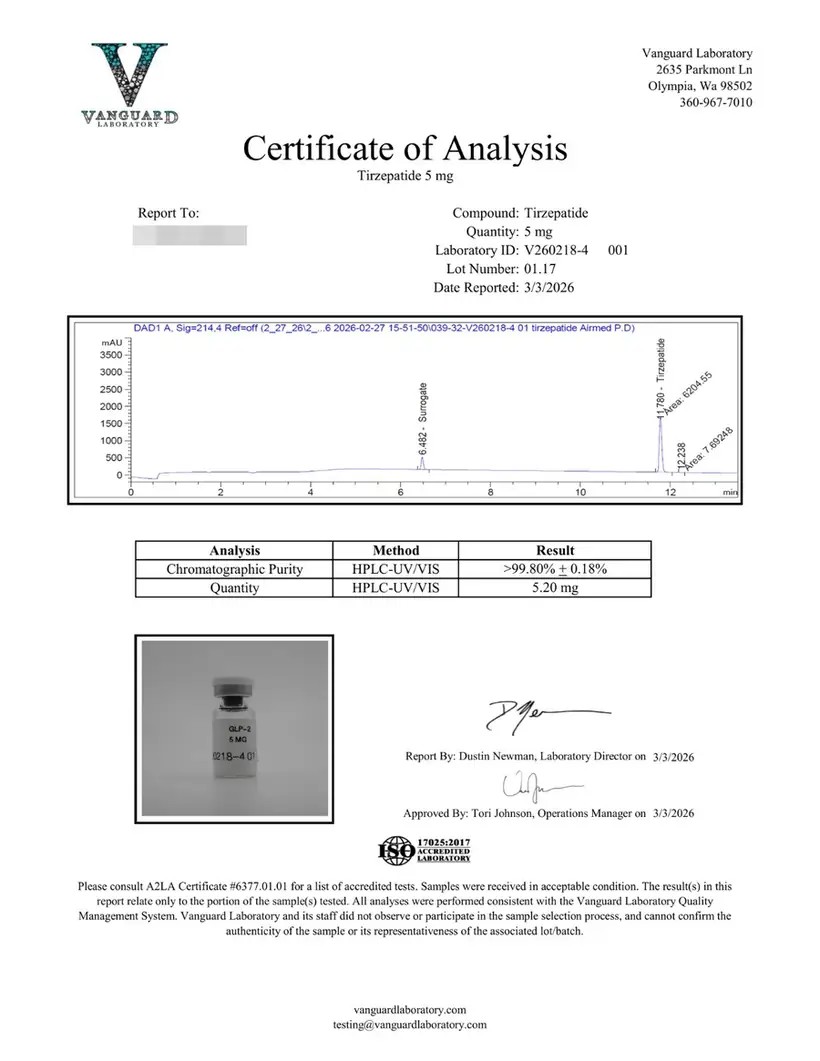 Certificate of analysis for Tirzepatide 5mg, lot 01.17